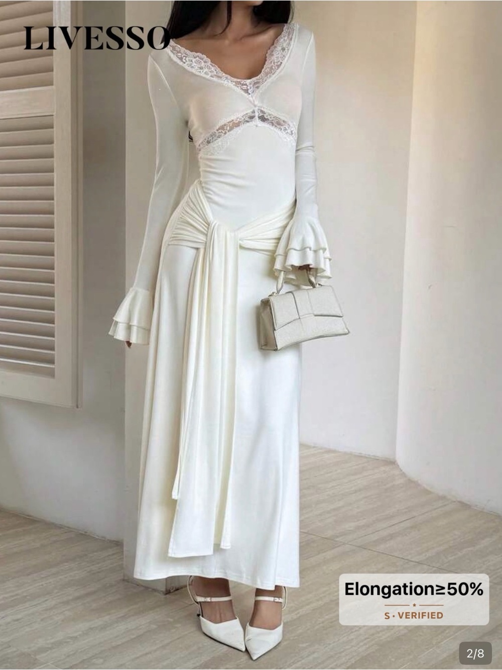 SHEIN Ivory Lace-Trim Long Sleeve Maxi Dress
